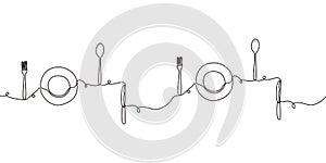 Continuous line drawing of plate, knife, and fork. Minimalism hand drawn one lineart minimalist vector illustration dinner on