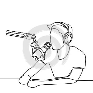 Continuous line drawing of podcast recording. A man record his voice with microphone