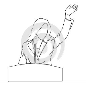 Continuous line drawing Politician woman standing behind rostrum and giving a speech concept