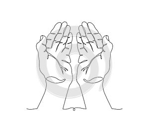 Continuous line drawing of prayer hand. Hands palms together. ramadan and ied mubarak design concept