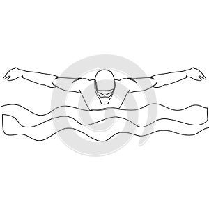 Continuous line drawing professional swimmer man focus training in gym swimming pool center concept