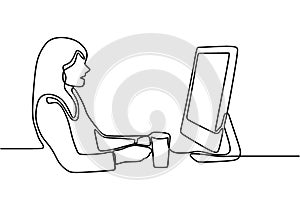 Continuous line drawing of professional young business woman using computer laptop work. Professional young manager girl working