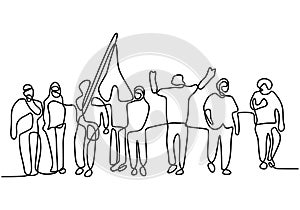Continuous line drawing of raised fist. Crowd of People holding blank sign and a flag. Good for national celebration day, vector
