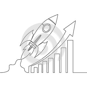 Continuous line drawing Rocket Fly on chart growth