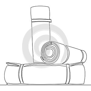 Continuous line drawing Roll of camping or fitness carpet. Yoga floor mat symbol icon vector illustration concept