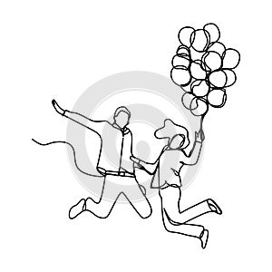 Continuous line drawing of romantic couple with balloon running and jumping. Minimalist design vector