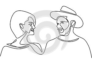 Continuous line drawing. Romantic couple. Old man and woman Lovers theme concept design. One hand drawn minimalism. Metaphor of