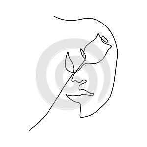 Continuous line drawing of rose flower and girl face minimalism style single one lineart vector