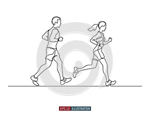 Continuous line drawing of running man and woman. Vector illustration.