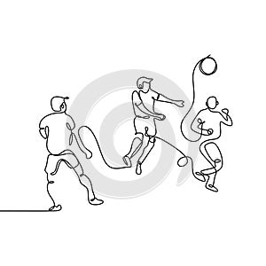 continuous line drawing of Running Soccer Football Players. Footballers Kicking Football Match game. vector