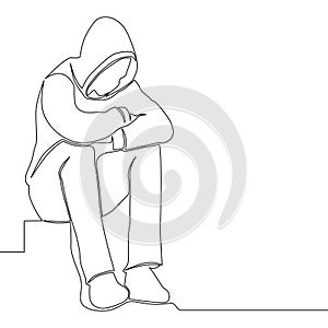 Continuous line drawing sad man alone concept