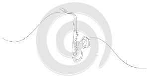 Continuous line drawing of saxophone jazz music instrument. Minimalist style vector illustration.