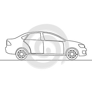 Continuous line drawing of side view of modern sedan car icon vector illustration concept