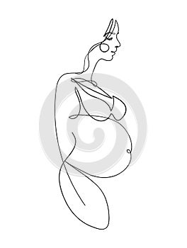 Continuous line drawing. Side view of a pregnant woman in lingerie. Aesthetic art drawing about motherhood and pregnancy,