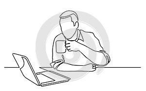 Continuous line drawing of sitting man watching laptop computer drinking coffee photo