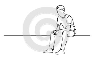 Continuous line drawing of sitting young man thinking