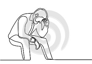 Continuous line drawing of sitting young man thinking his problem. Upset male in trouble. Depression of businessman after lose a