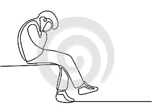 Continuous line drawing of sitting young man thinking his problem. Upset male in trouble. Depression of businessman after lose a