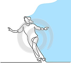 Continuous line drawing of skating girl. Beautiful woman playing ice skater while dancing in the ice area isolated on white