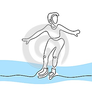 Continuous line drawing of skating man. Energetic male playing ice skater while dancing in the ice area isolated on white