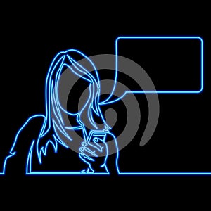 Continuous line drawing Social networks woman with smartphone chatting Internet communication icon neon