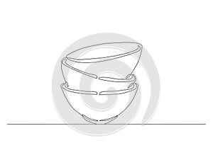 Continuous Line Drawing Of Stack Of Bowls. One Line Of Bowls. Bowls Continuous Line Art. Editable Outline