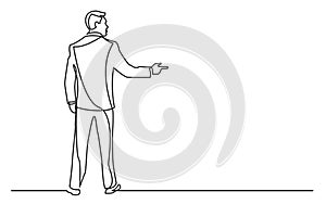 Continuous line drawing of standing businessman pointing finger