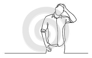 Continuous line drawing of standing frustrated man in shirt