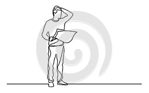 Continuous line drawing of standing man with map feeling lost