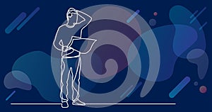 Continuous line drawing of standing man with map feeling lost