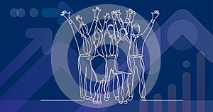 Continuous line drawing of standing office team cheering waving hands