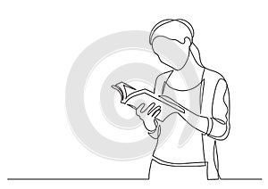 Continuous line drawing of standing woman reading book