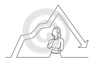 Continuous line drawing of standing woman thinking about decreasing graph