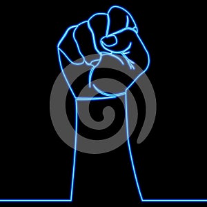 Continuous line drawing strong fist raised up. Human arm with clenched fingers icon neon concept