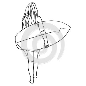 Continuous line drawing of a surfer girl with a surfboard
