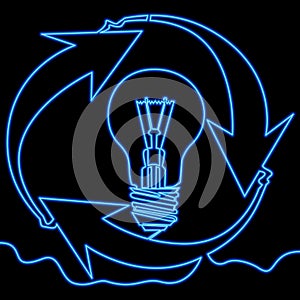 Continuous line drawing sustainable developmentl light bulb and recycle sign icon neon glow vector illustration concept