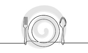 Continuous line drawing of tableware, fork, spoon and knife