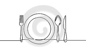 Continuous line drawing of tableware, fork, spoon and knife