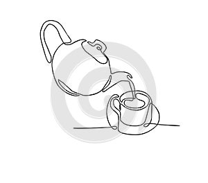 continuous line drawing of Tea pot and tea cup on a white background.