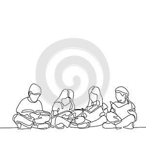 continuous line drawing of teenager reading book. Concept of young children read books one hand drawn vector illustration