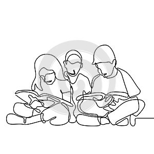 continuous line drawing of teenager reading book. Concept of young children read books one hand drawn vector illustration photo