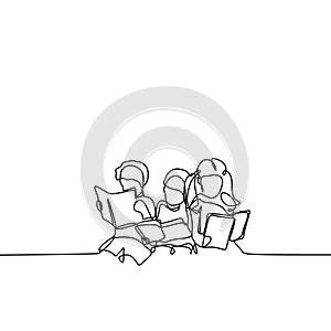 continuous line drawing of teenager reading book. Concept of young children read books one hand drawn vector illustration photo