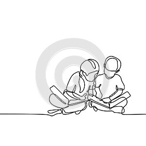 continuous line drawing of teenager reading book. Concept of young children read books one hand drawn vector illustration photo