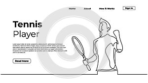 Continuous line drawing tennis player, simple line art hand drawn. Web landing page concept, vector illustration template