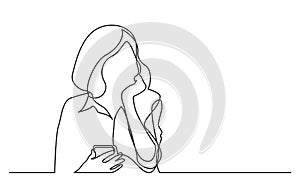 Continuous line drawing of thinking woman holding cell phone