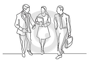 Continuous line drawing of three business professionals walking talking