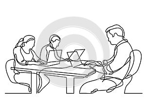 Continuous line drawing of three coworkers working on laptops