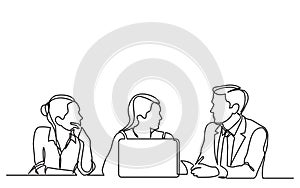 Continuous line drawing of three employees talking about work