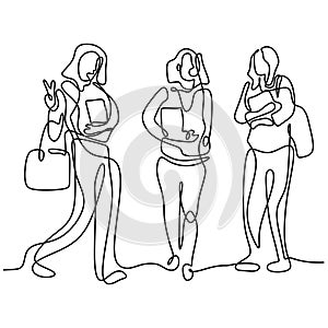 Continuous line drawing of three woman standing pose. Young smiling beautiful girl holding in a campus while holding book. Women