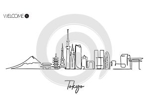 Continuous line drawing of Tokyo city skyline Japan. World Famous tourism destination. Simple hand drawn style design for travel